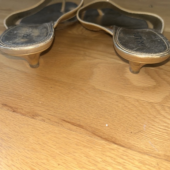 Prada gold w/silver hardware slides/sandals w/ kitten heel. - Picture 5 of 9
